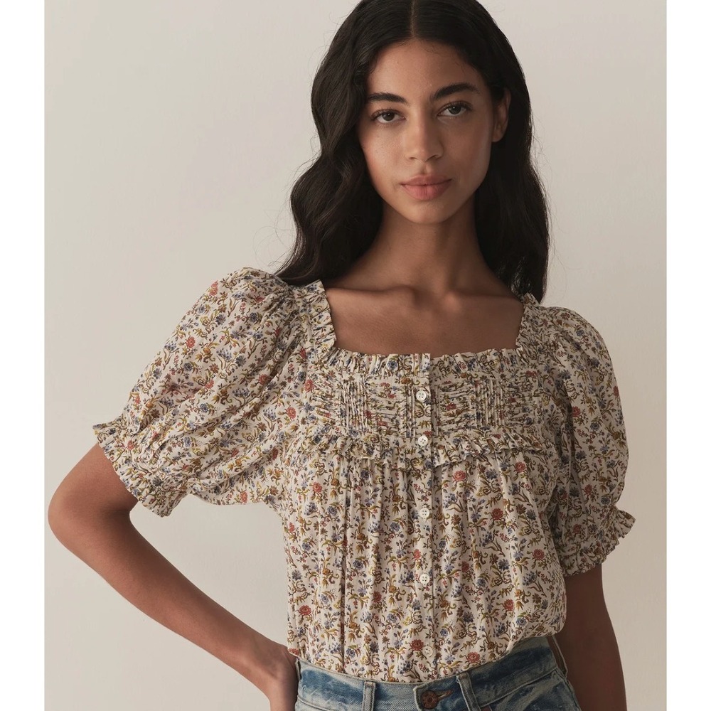 DOEN Farley Top Sweet Abelia Floral Puff Sleeve Organic Cotton Blouse M